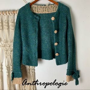 Anthropologie Cardigan Sz XS Wool Teal Gold Lace